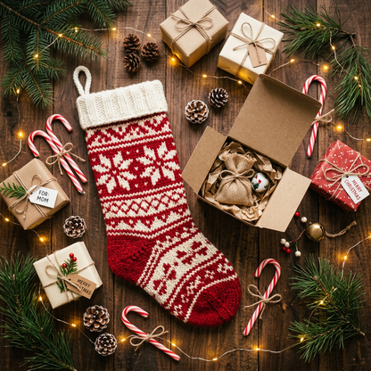 Christmas Knitted Stocking - Lifestyle Flat Lay