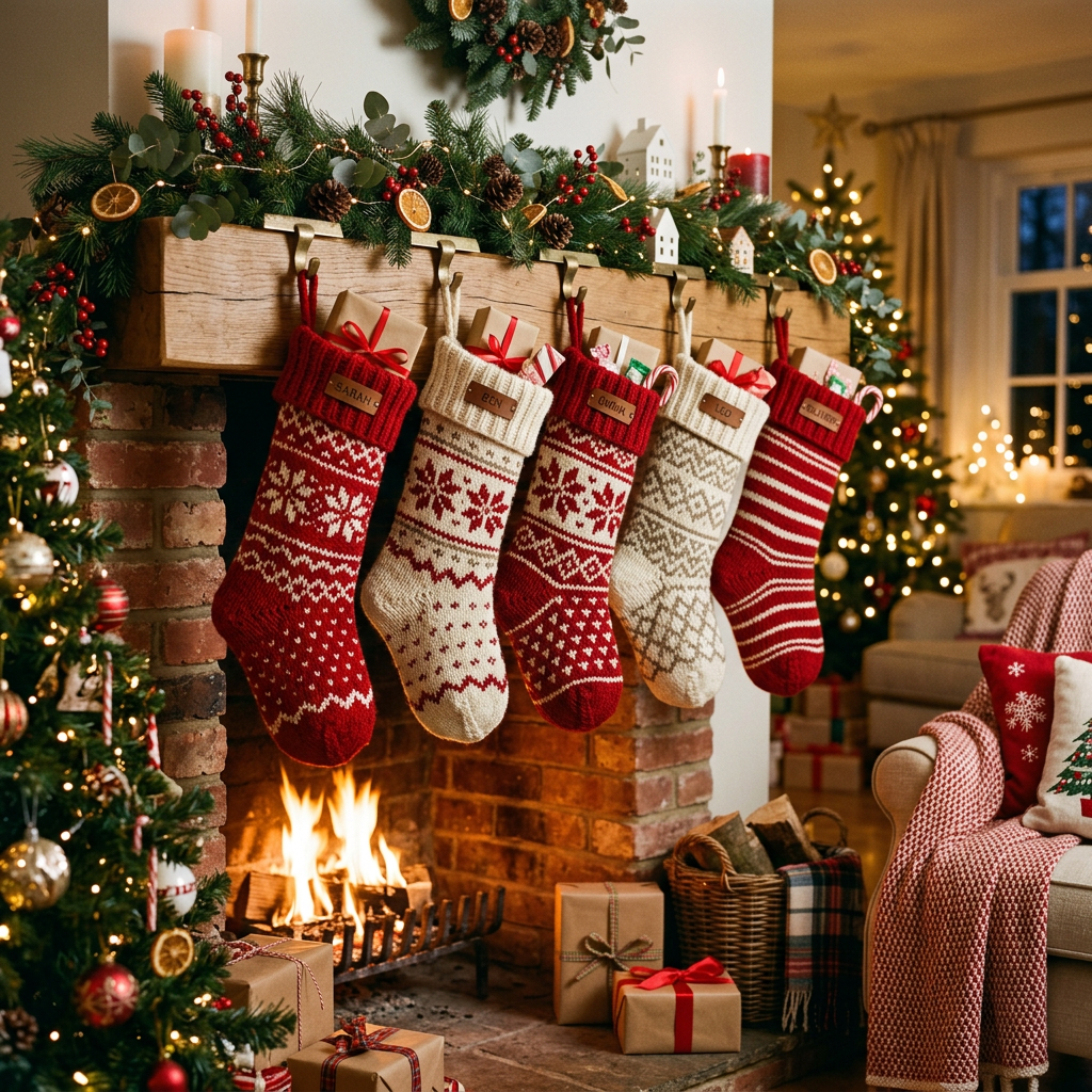 Christmas Stockings Hanging on Fireplace Mantle