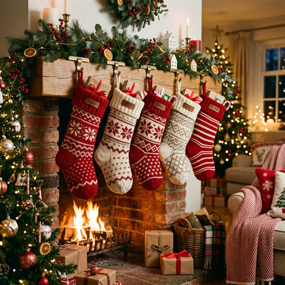 Christmas Stockings Hanging on Fireplace Mantle