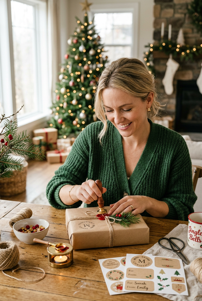 Model Using Wax Seal Stamp on Christmas Gift - Shot 1