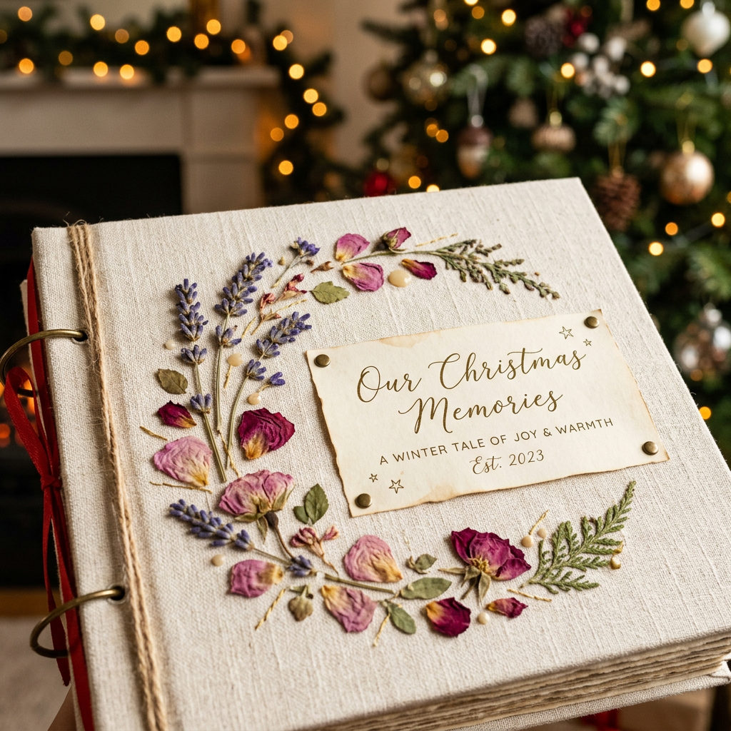 Linen Album Cover with Pressed Flower Detail