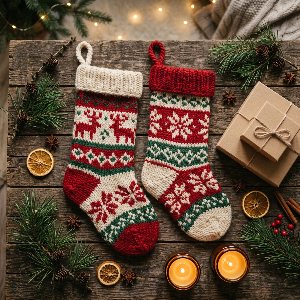 Christmas Knitted Stockings - Top Down Flat Lay