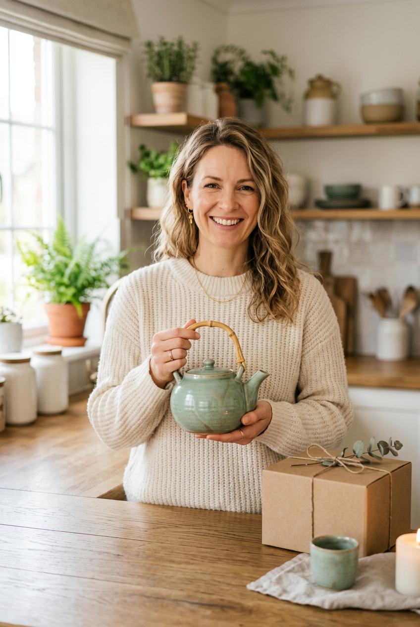 Model Holding Celadon Teapot - Shot 1