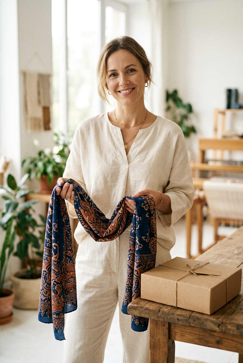Model Holding Batik Silk Scarf - Shot 1