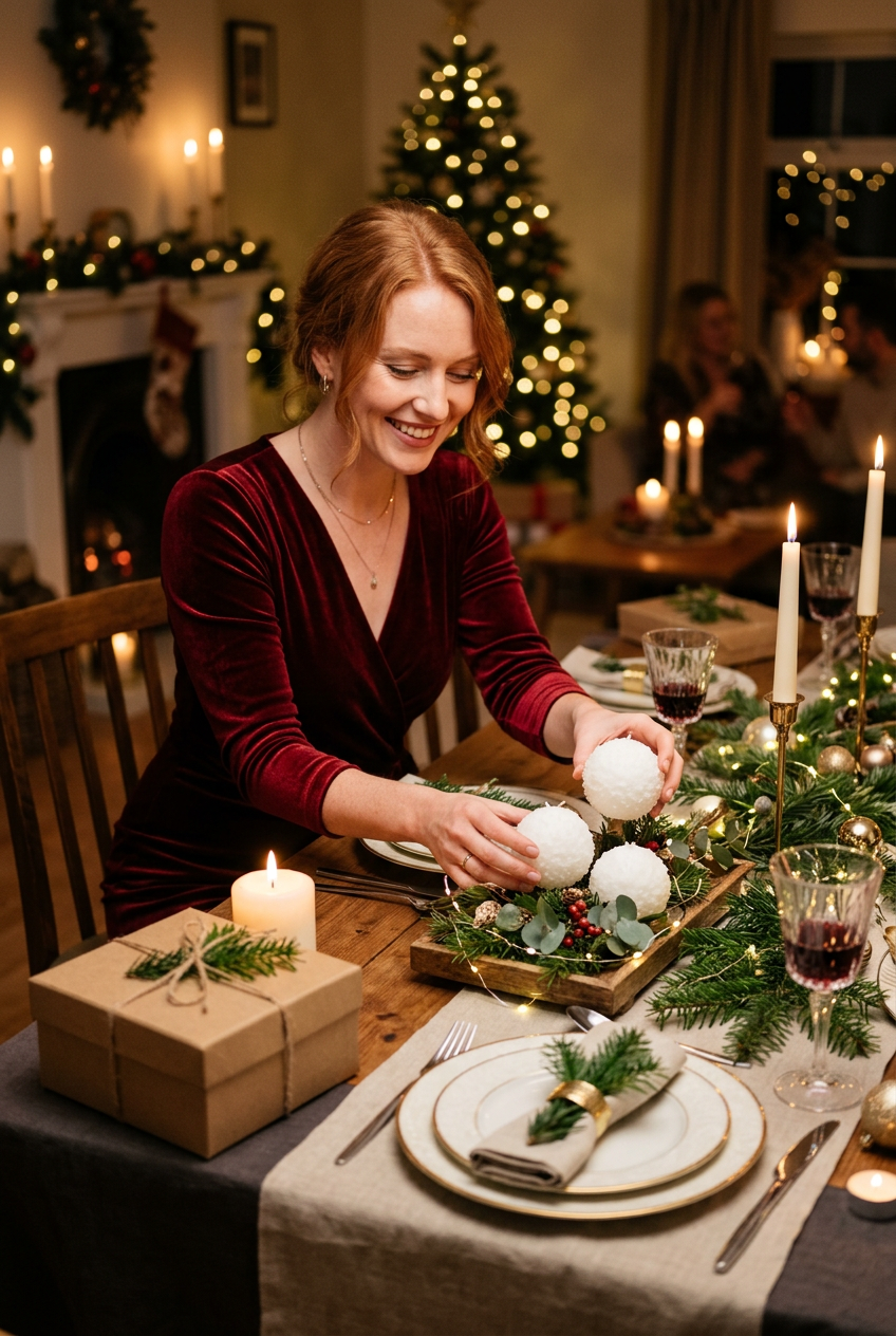 Model Arranging Snowball Candles on Table - Shot 2