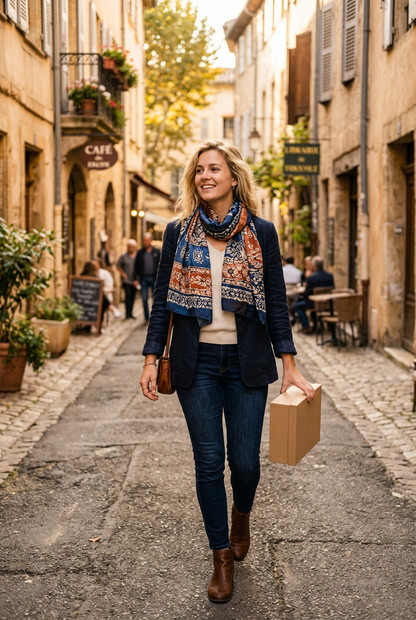 Model Wearing Batik Silk Scarf Outdoors - Shot 2