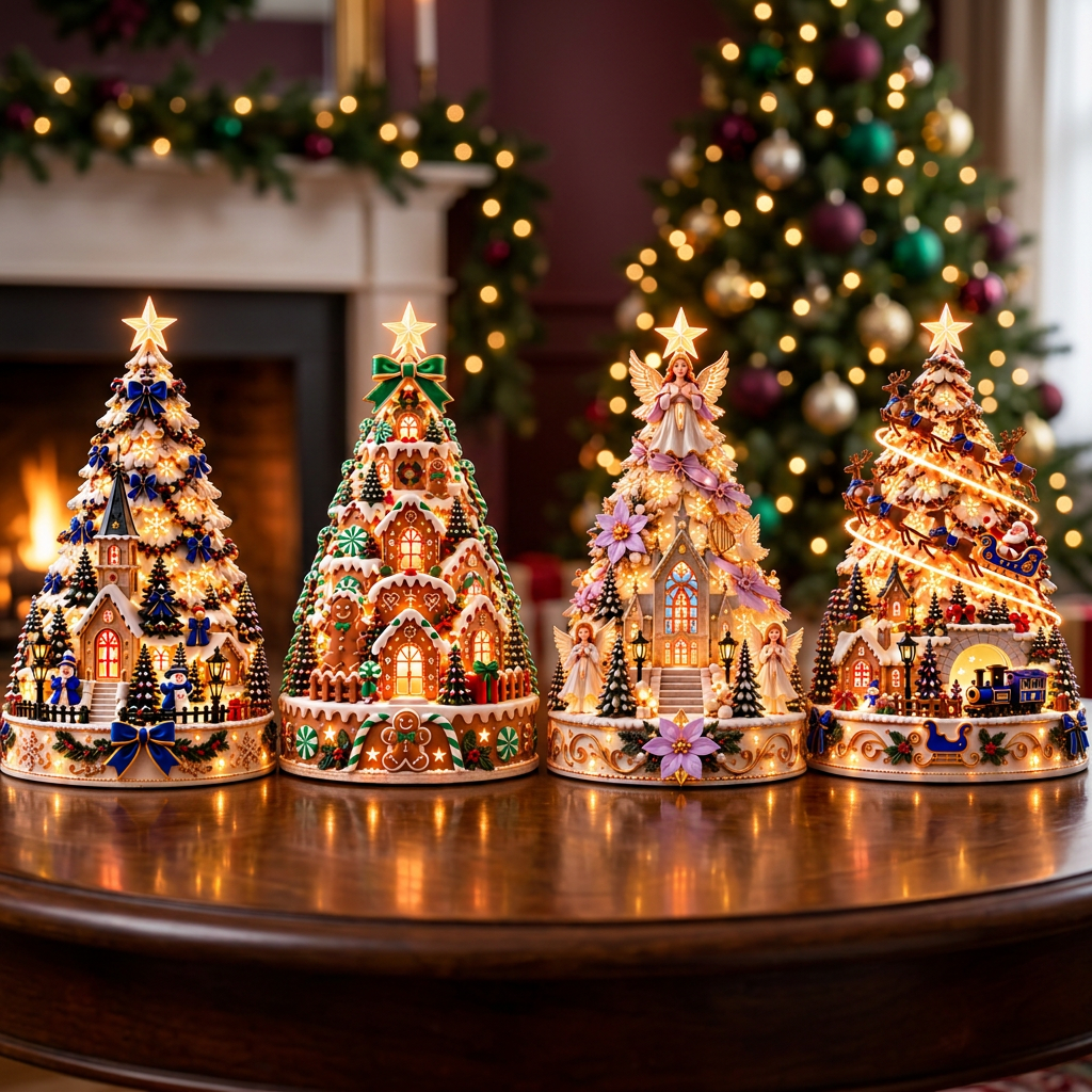 Four Christmas Village Lightscape Tree designs in a festive setting