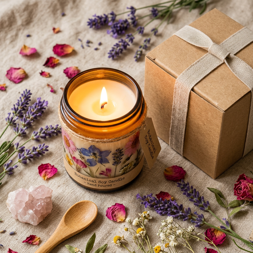 Pressed Flower Candle - Lifestyle Flat Lay