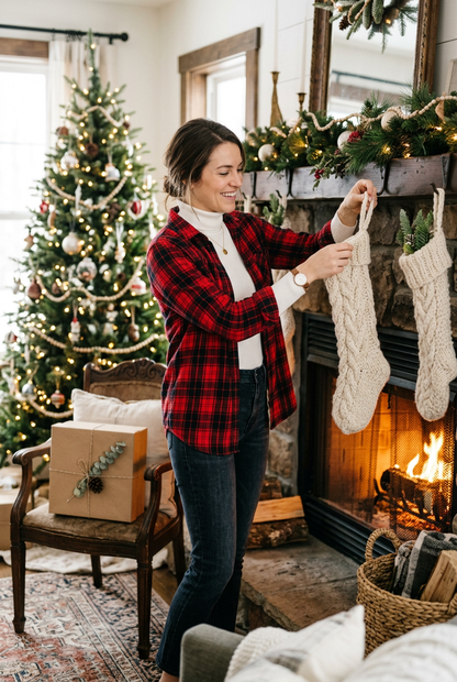 Model Hanging Christmas Stocking on Fireplace - Shot 2