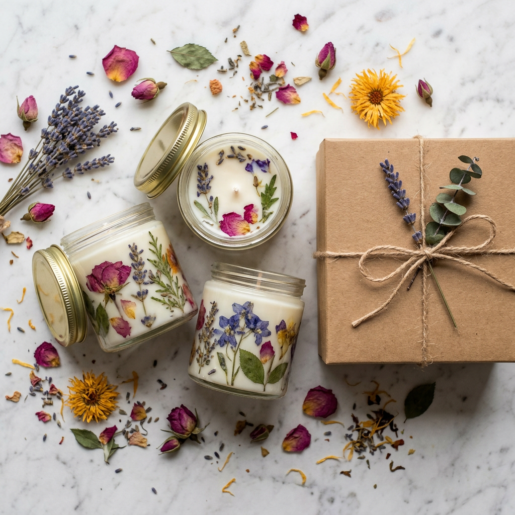 Pressed Flower Candle - Marble Top Down View