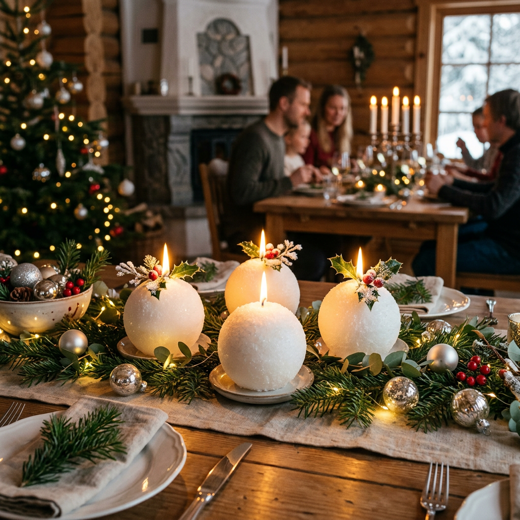 Three Snowball Candles Lit on Festive Table